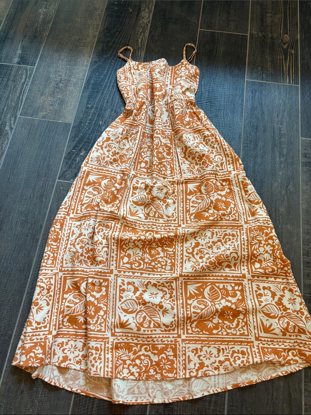 Spaghetti Strap Orange Tile-Print Maxi Dress